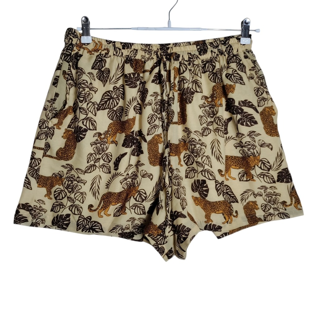Violet Sky Womens 1X Leopard Monstera Tropical Print Shorts Elastic Waist Brown